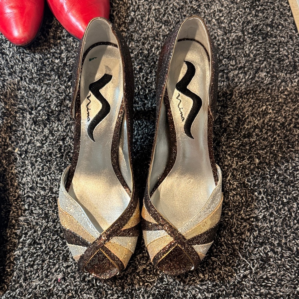Nina Brown and Gold Peep Toe Heels